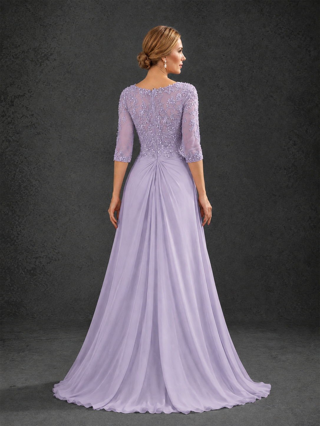 BOLODOO Lilac Sweetheart Neck 3/4 Sleeve Floral Lace Illusion Bodice Chiffon A-Line Gown - Lilac