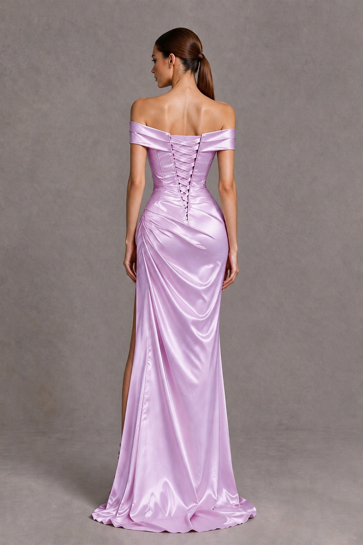 BOLODOO Lilac Off-the-Shoulder Ruched Satin Prom & Evening Dress with High Slit - Lilac - Lilac_2