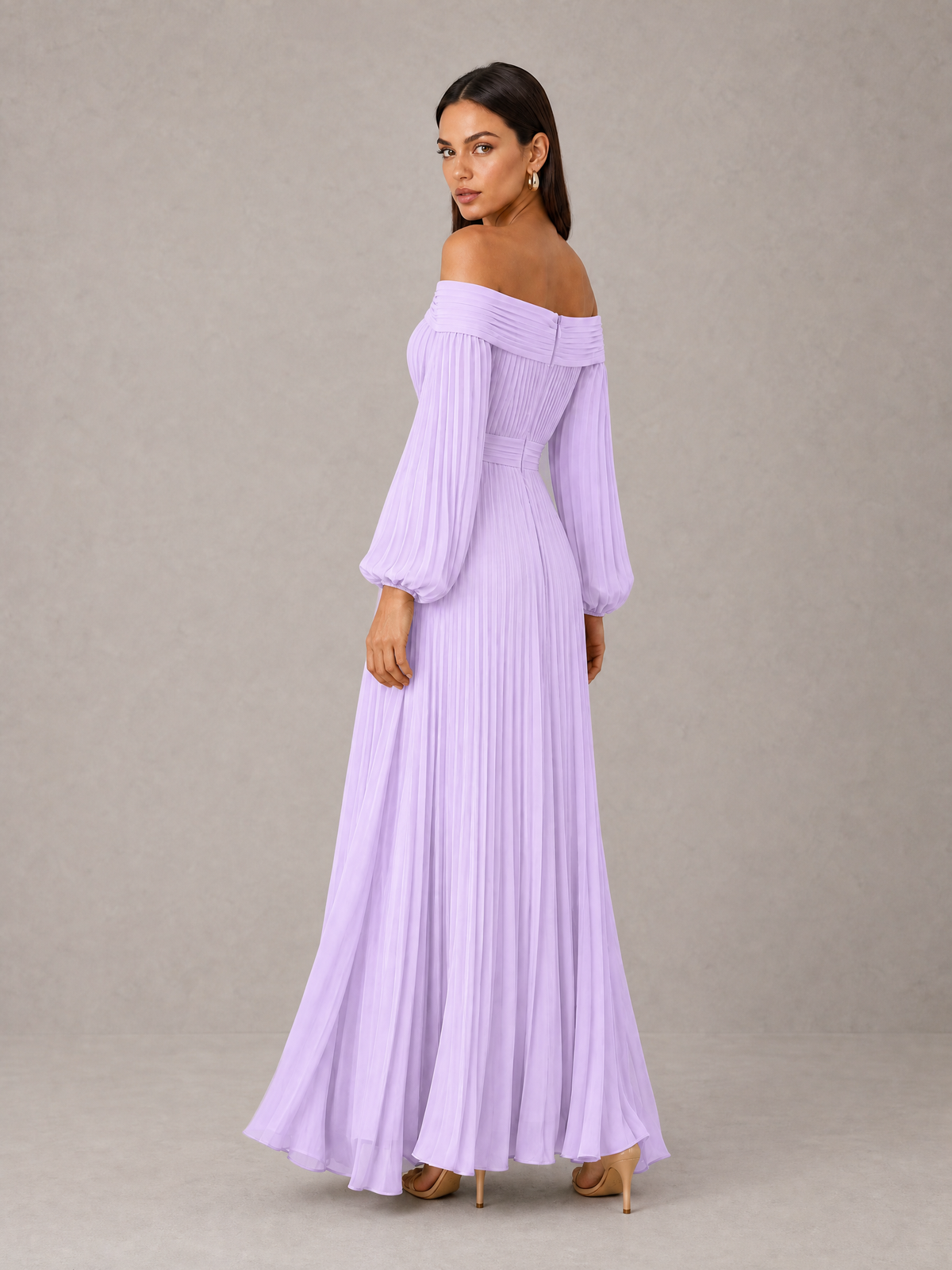 BOLODOO Lilac Off-Shoulder Long Sleeve Pleated High-Low Dress - Lilac - Lilac_2