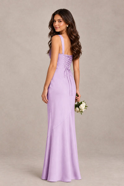 BOLODOO Lilac Square Neck Ruched Satin Lace-Up Bridesmaid Dress - Lilac - Lilac_2