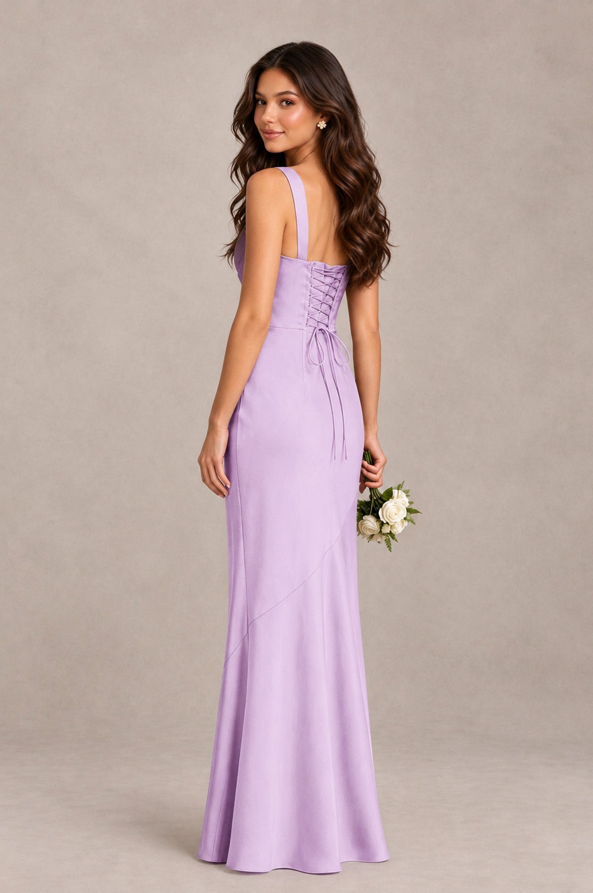 BOLODOO Lilac Square Neck Ruched Satin Lace-Up Bridesmaid Dress - Lilac - Lilac_2