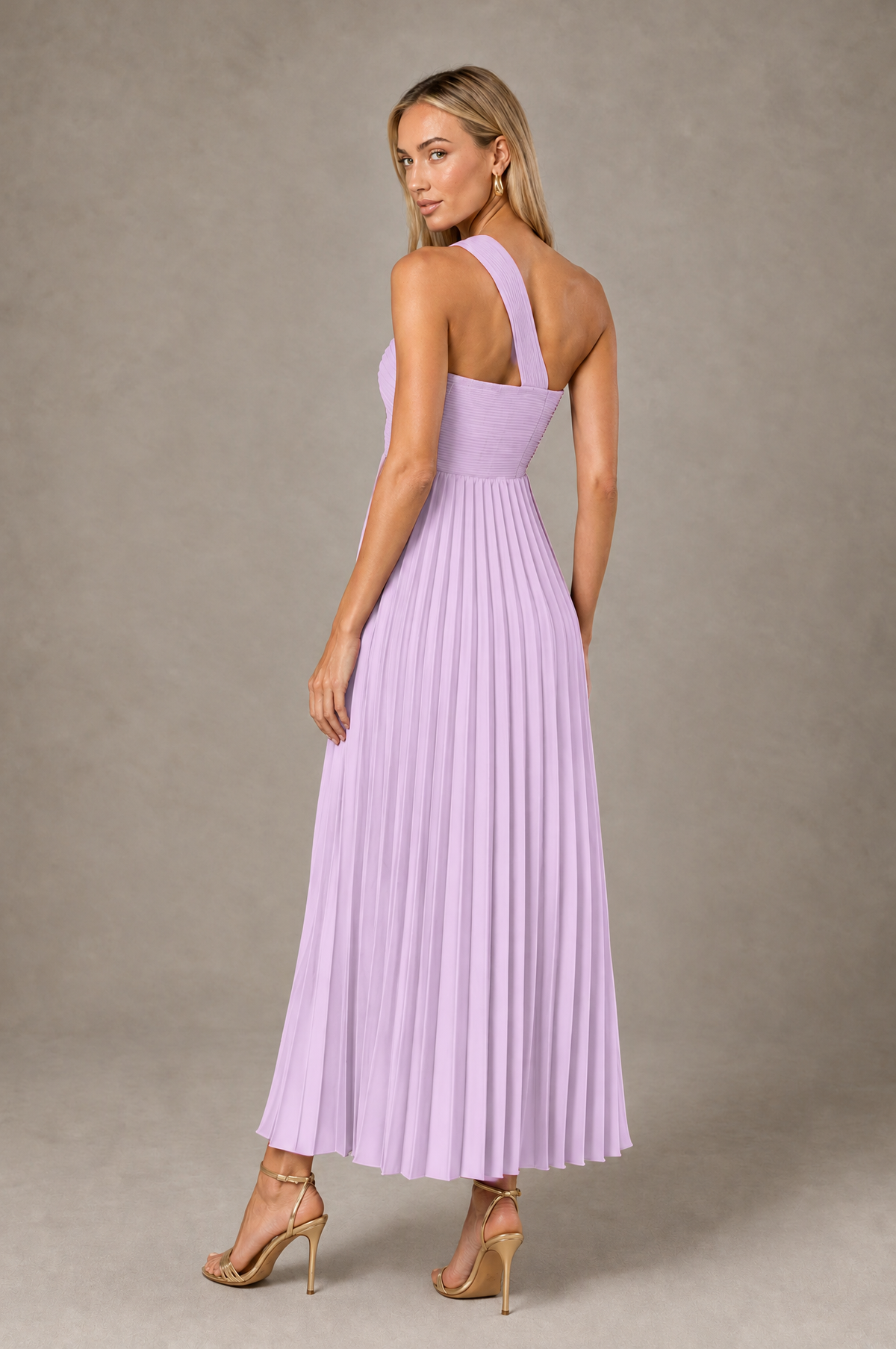 BOLODOO Lilac One-Shoulder Twist Knot Pleated Satin Midi Dress with Cutout - Lilac - Lilac_2