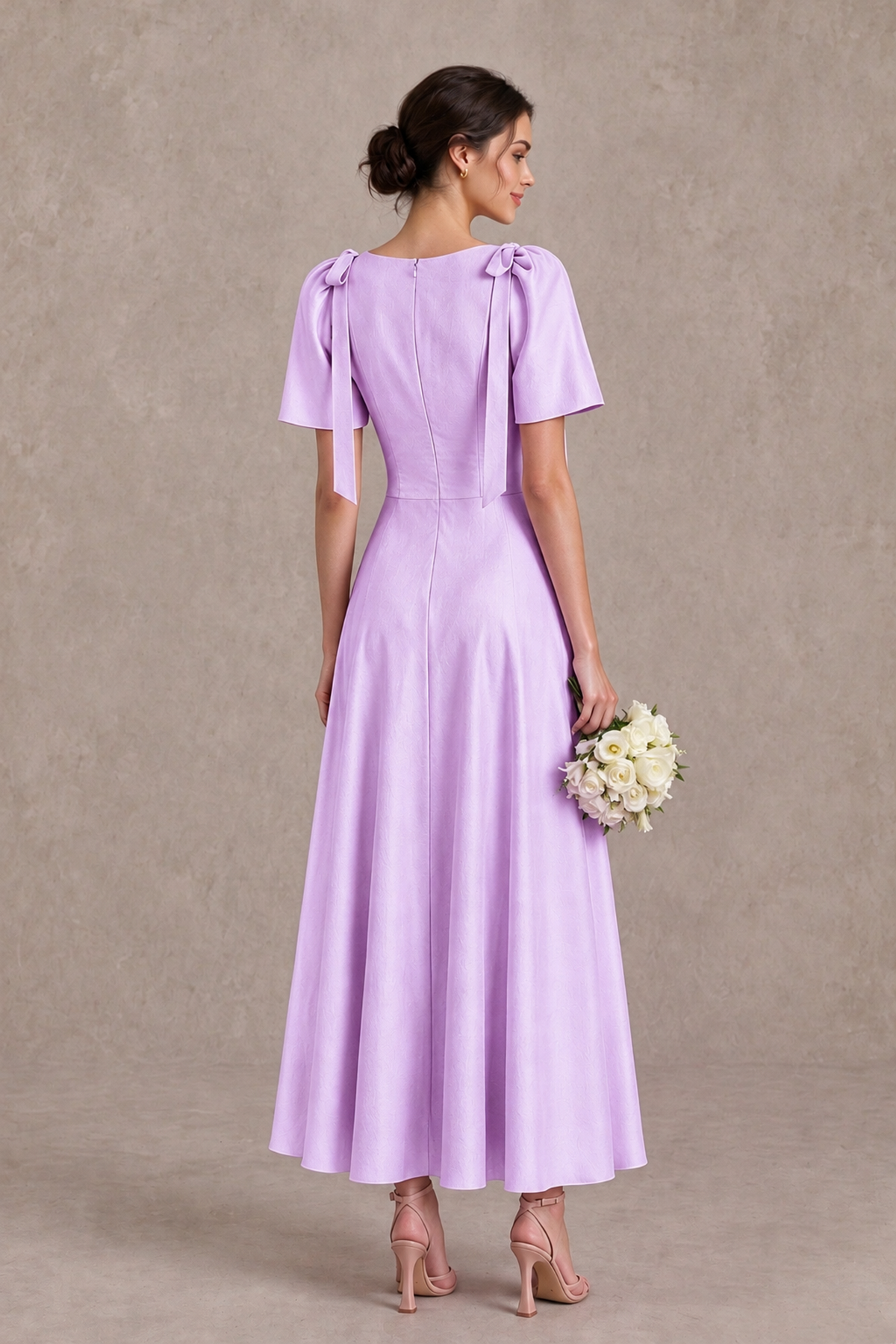 BOLODOO Lilac V-Neck Short Sleeve Satin-Look Bridesmaid Dress with Shoulder Bows - Lilac - Lilac_2