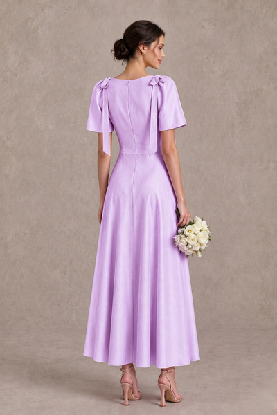 BOLODOO Lilac V-Neck Short Sleeve Satin-Look Bridesmaid Dress with Shoulder Bows - Lilac - Lilac_2