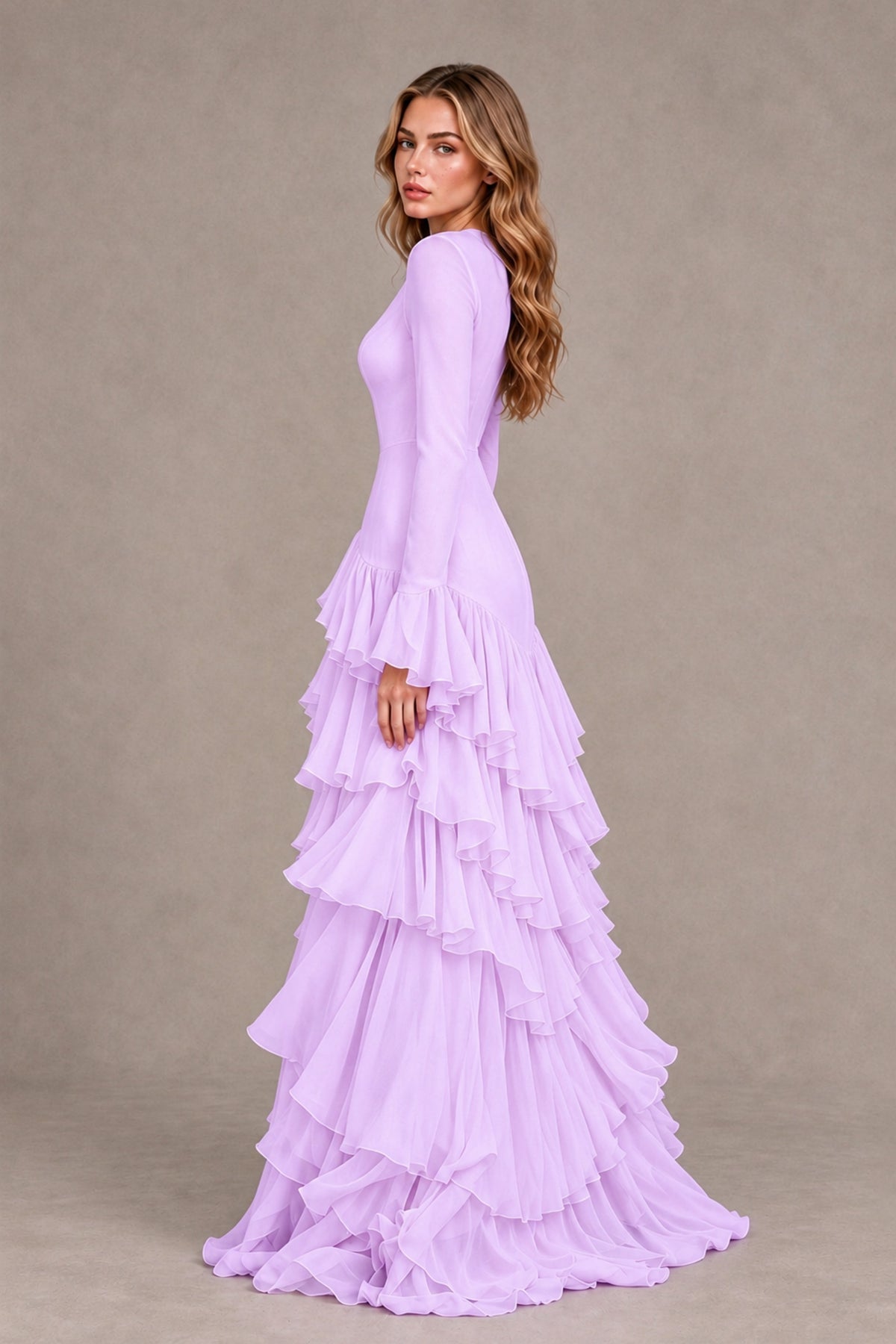 Lilac Long Sleeve Tiered Ruffle Evening Gown - Lilac - Lilac_2