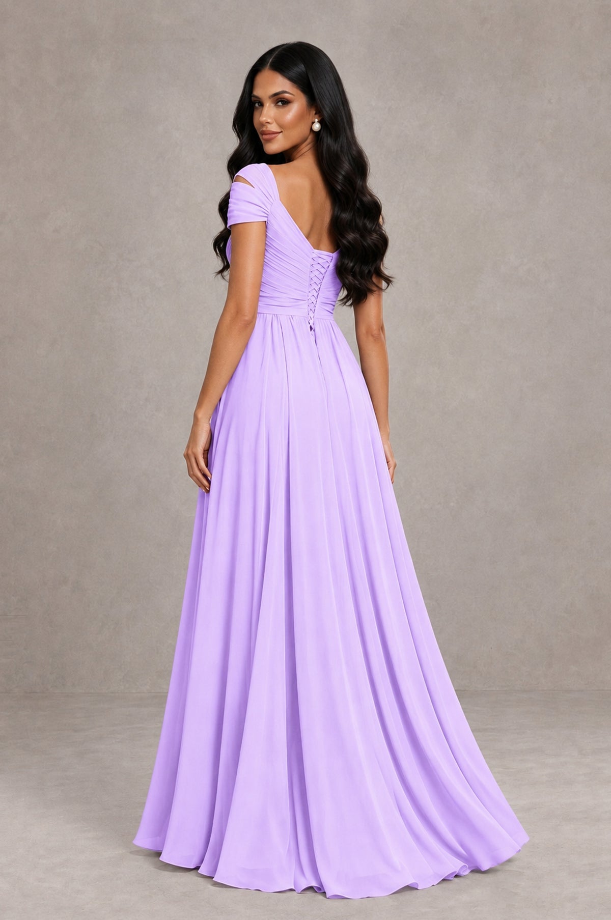 BOLODOO Lilac Cold Shoulder Chiffon Evening Dress with V Neck and High Slit - Lilac - Lilac_2