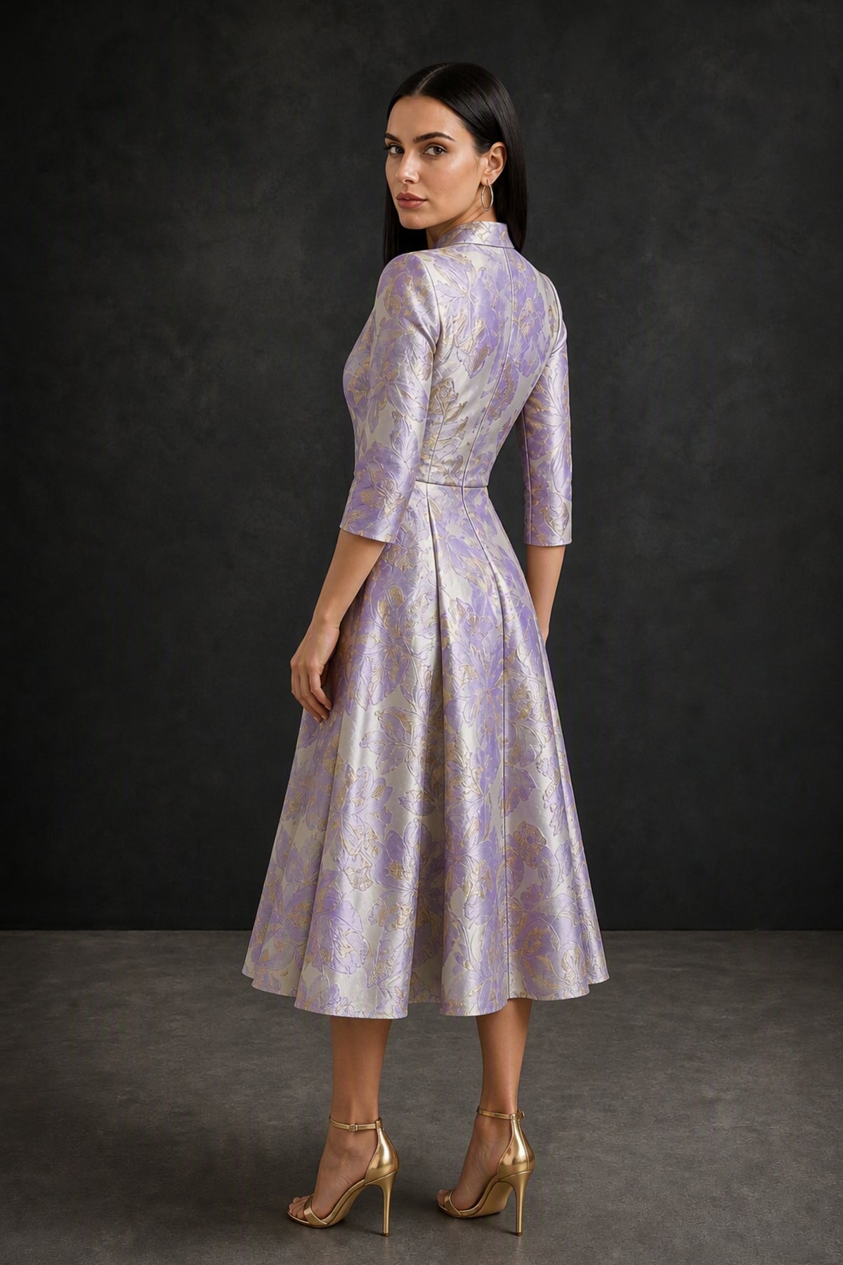 BOLODOO Lilac Floral Jacquard Wrap Midi Dress with Three-Quarter Sleeves - Lilac