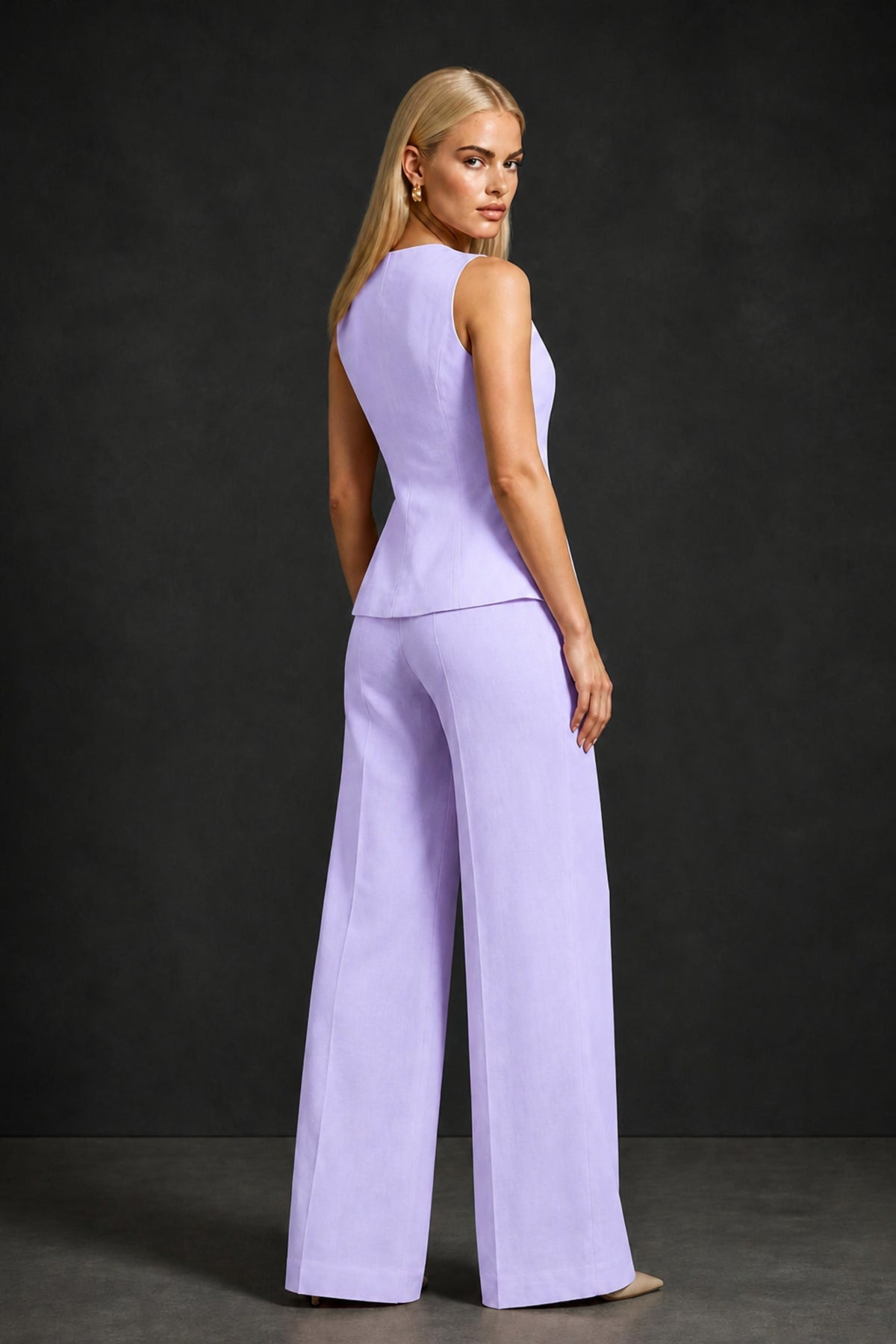 BOLODOO Lilac Sleeveless Vest Top & Wide-Leg Trousers Two-Piece Suit Set – Lilac Button Asymmetric Formal Set - Lilac
