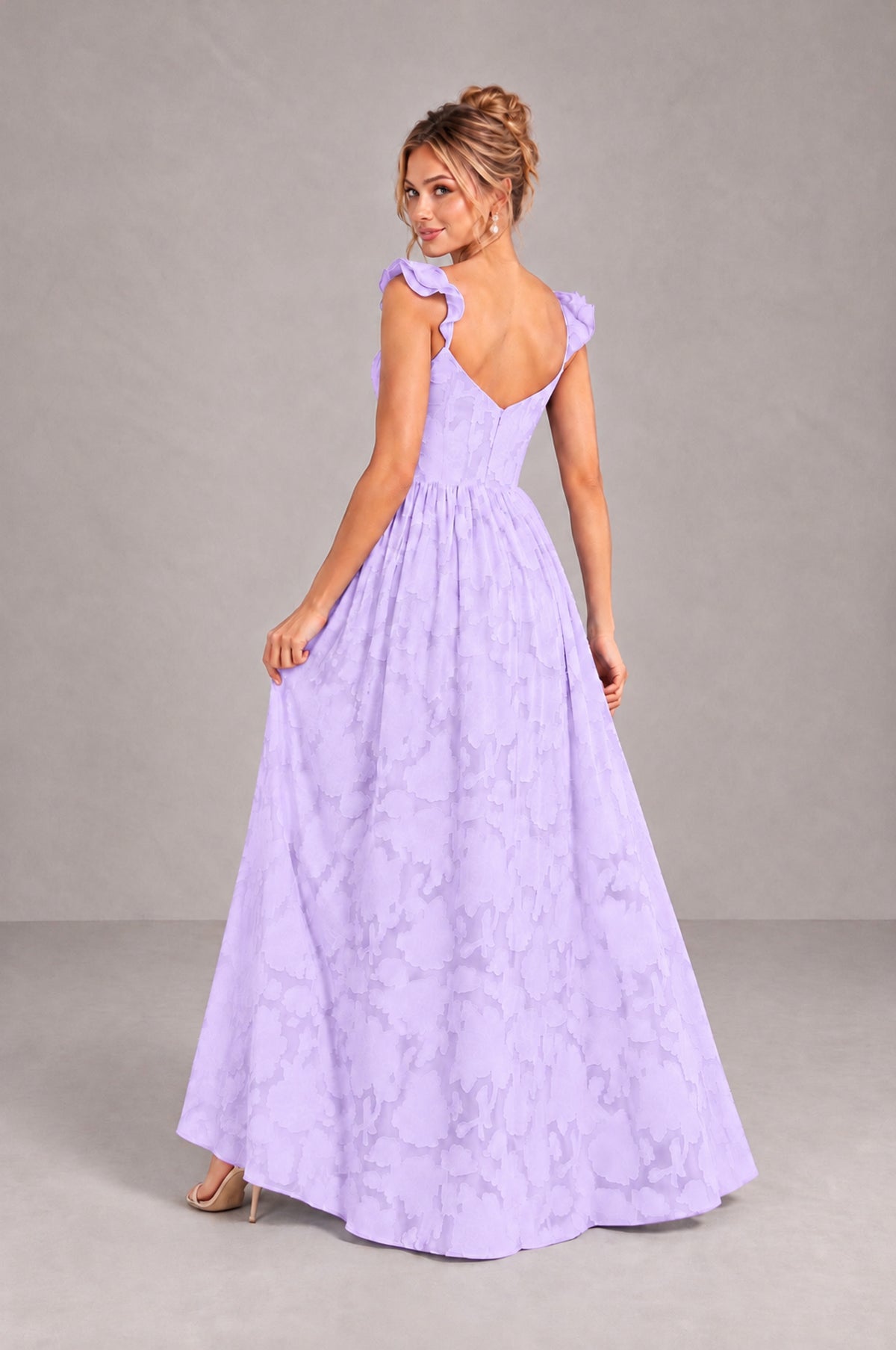 BOLODOO Lilac Floral A-Line Bridesmaid Dress with Slit Ruffle Straps Maxi Gown - Lilac - Lilac_2