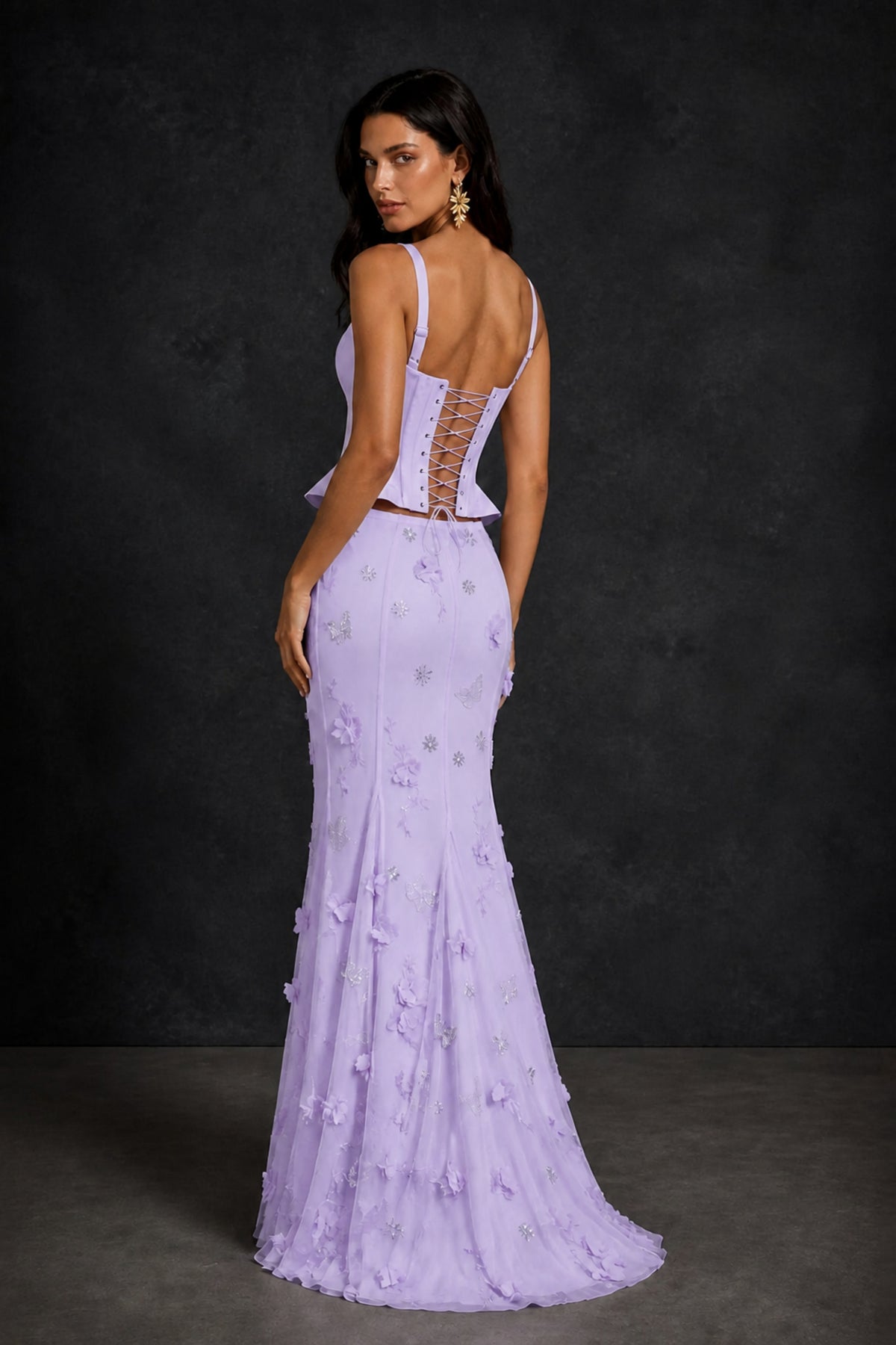 BOLODOO Lilac Peplum Corset Top & 3D Floral Mermaid Skirt Two-Piece Set – Lace-Up Back Formal Gown - Lilac