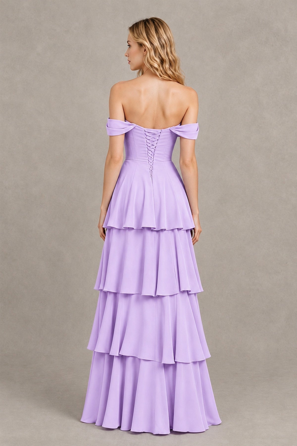 BOLODOO Lilac Off-the-Shoulder Tiered A-Line Evening Bridesmaid Dress - Lilac - Lilac_2