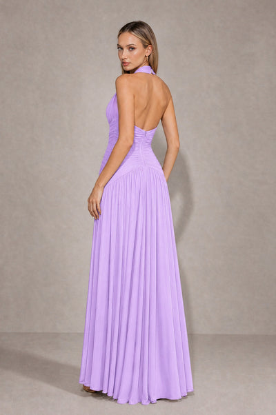BOLODOO Lilac Chiffon Halter Deep V-Neck Ruched A-Line Backless Maxi Dress with Train-BD0167 - Lilac - Lilac_2