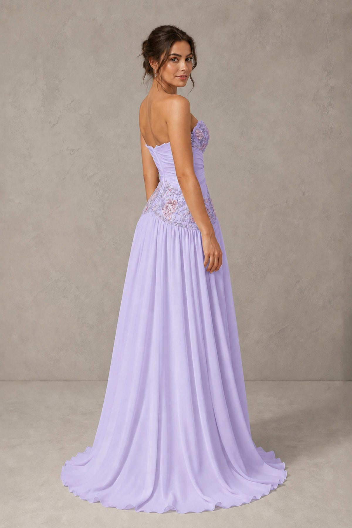 Lilac Strapless Sweetheart A-Line Chiffon Gown with 3D Floral Appliques & Cutout | BOLODOO - Lilac