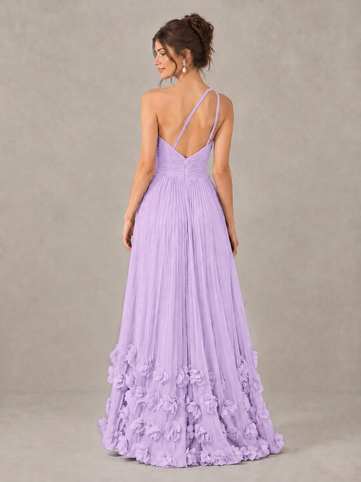 BOLODOO Lilac One-Shoulder Pleated Bridesmaid Dress with 3D Floral Hem - Lilac - Lilac_2