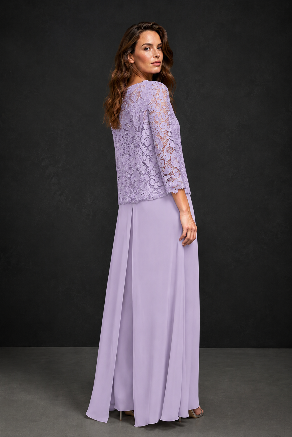 BOLODOO Lilac Grey Lace Peplum Top & Wide-Leg Chiffon Pants Set | Mother of the Bride & Formal Evening Outfit - Lilac