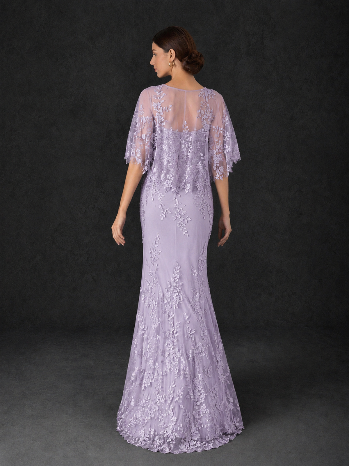 BOLODOO Mocha Rose Botanical Lace Flutter Sleeve Mermaid Gown - Lilac - Lilac