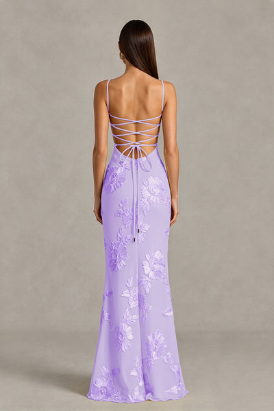 BOLODOO Lilac Floral Lace-Up Back Mermaid Maxi Dress - Lilac