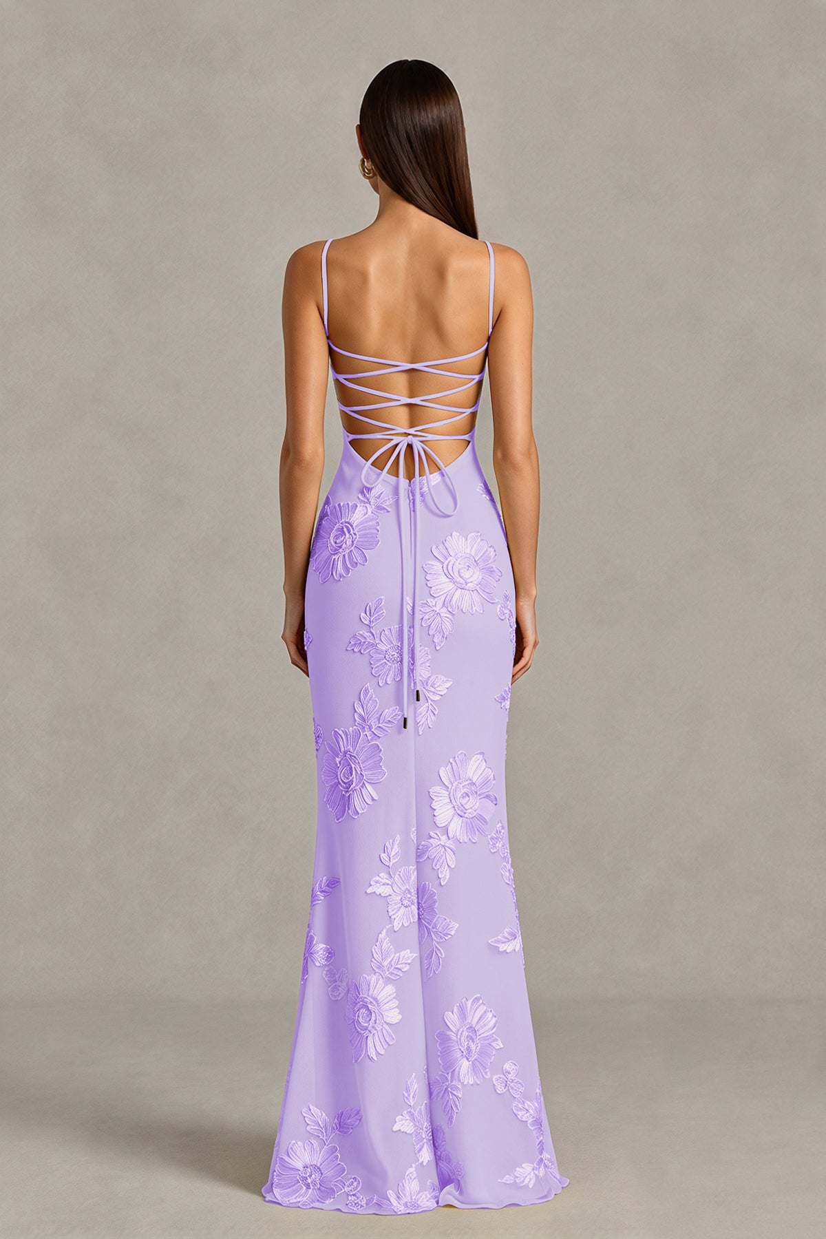 BOLODOO Lilac Floral Lace-Up Back Mermaid Maxi Dress - Lilac