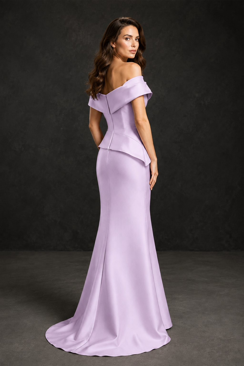 BOLODOO Lilac Satin Off-Shoulder Sweetheart Asymmetric Peplum Mermaid Gown with Lilac Floral Embroidery | MOB Evening Dress - Lilac