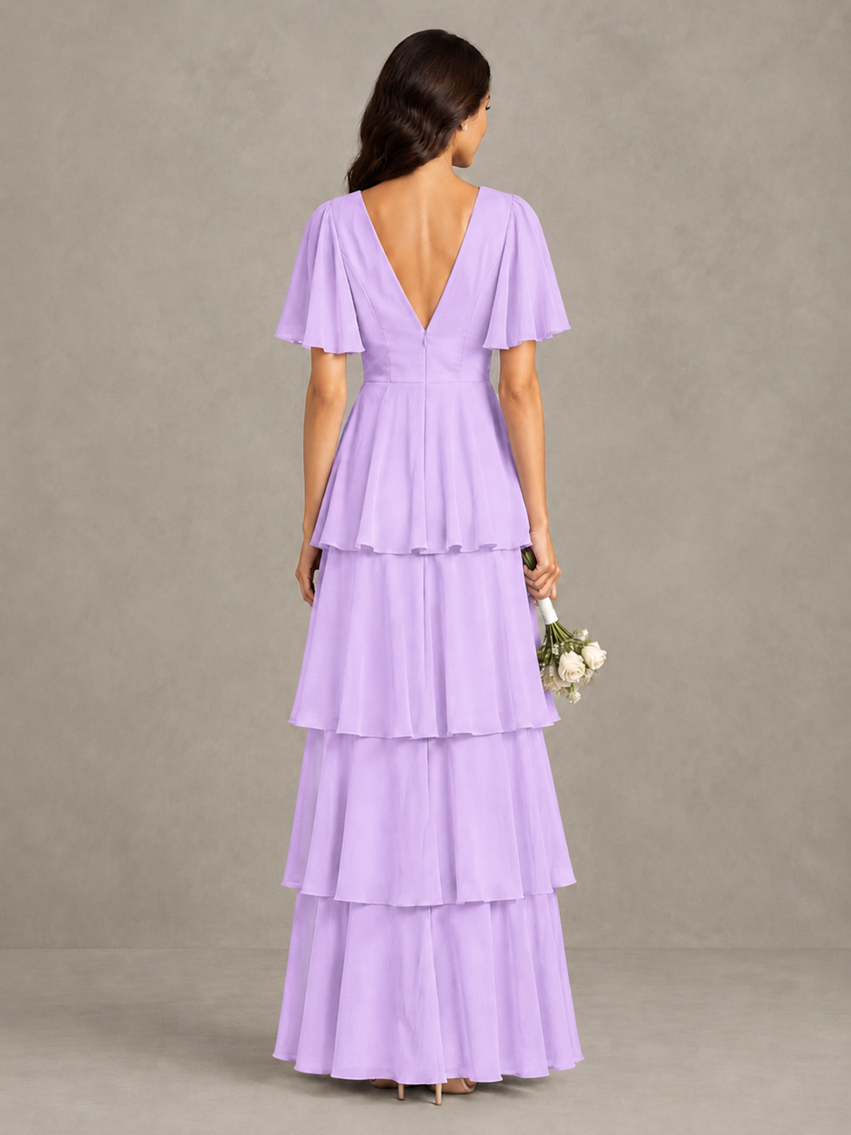 BOLODOO Lilac Tiered Flutter Sleeve Bridesmaid Dress - Lilac - Lilac_2