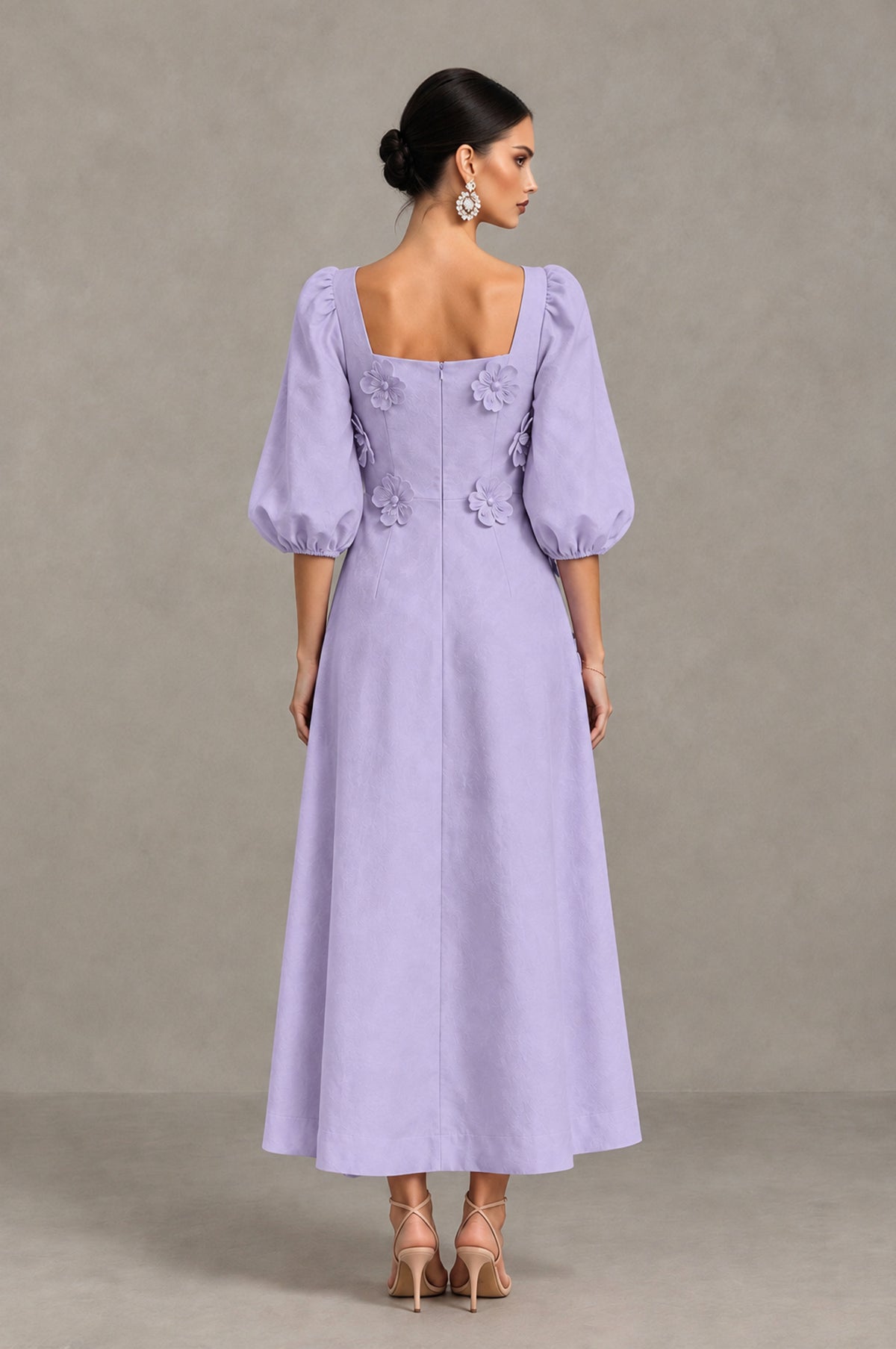 BOLODOO Lilac 3D Floral Puff Sleeve Midi Cocktail Dress - Lilac - Lilac_2
