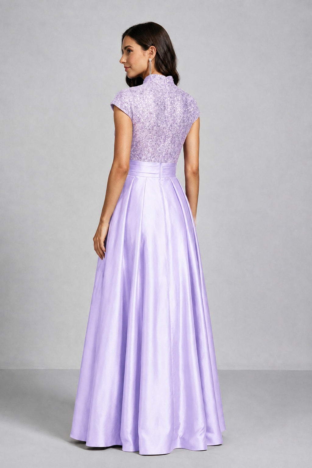 BOLODOO Lilac Sequin Embroidered High Neck Cap Sleeve A-Line Ball Gown – Formal Evening Dress - Lilac