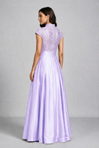BOLODOO Lilac Sequin Embroidered High Neck Cap Sleeve A-Line Ball Gown – Formal Evening Dress - Lilac