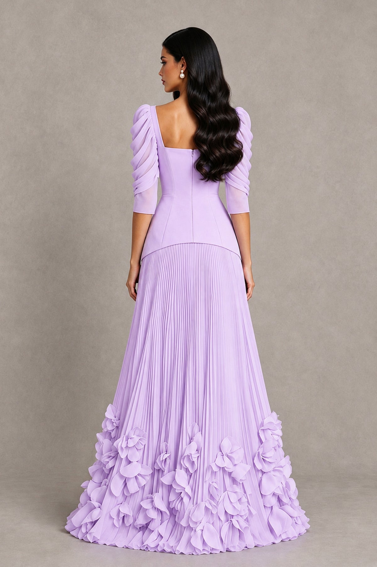 BOLODOO Lilac Square Neck Pleated Floral Applique Evening Dress - Lilac - Lilac_2