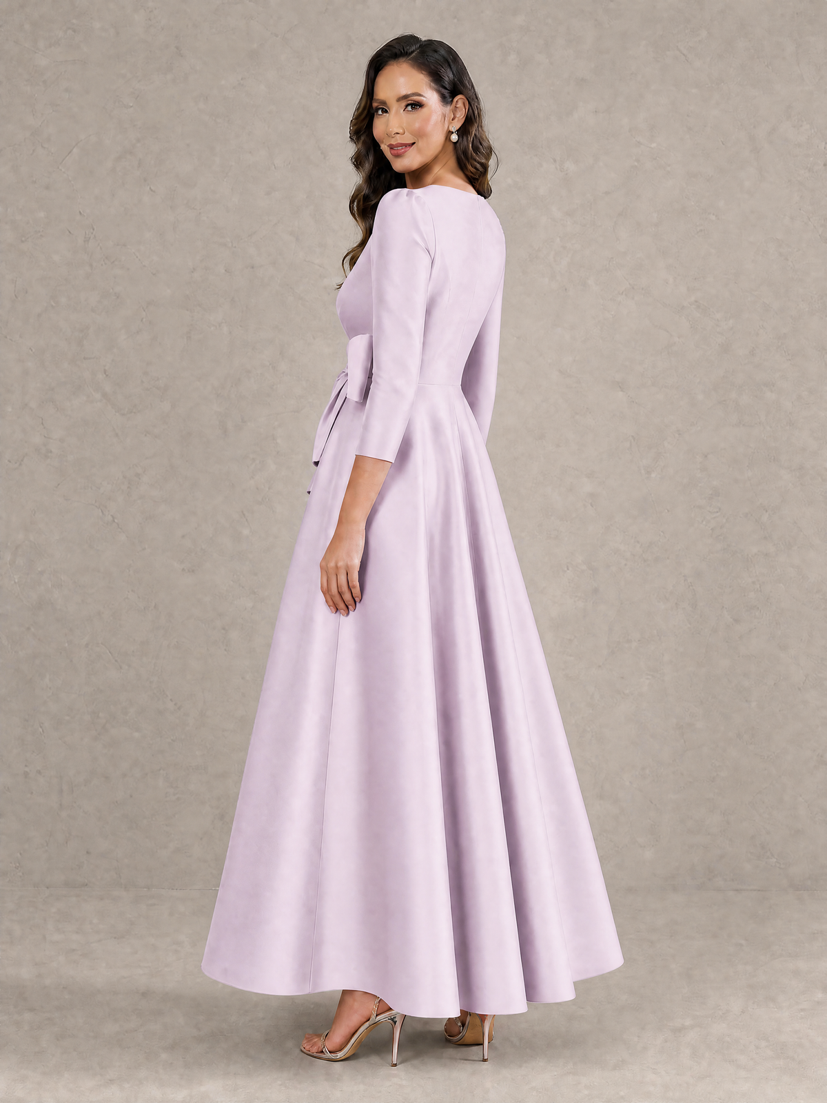 BOLODOO Lilac Satin Deep V-Neck Wrap 3/4 Puff Sleeve A-Line Ball Gown Maxi Dress with Oversized Bow Belt - Lilac