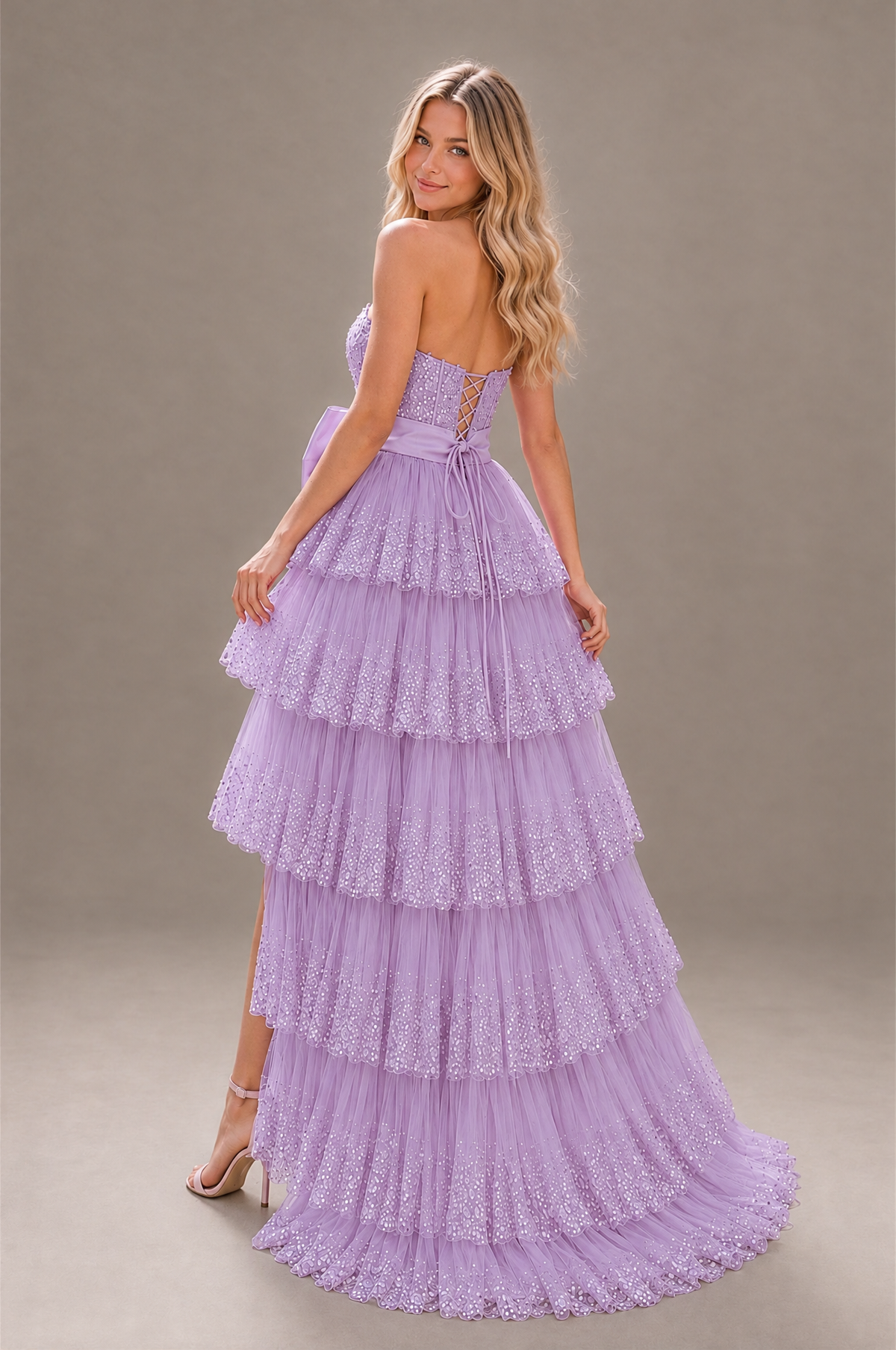 BOLODOO Lilac Strapless Tiered Tulle Prom Dress with Bow - Lilac - Lilac_2