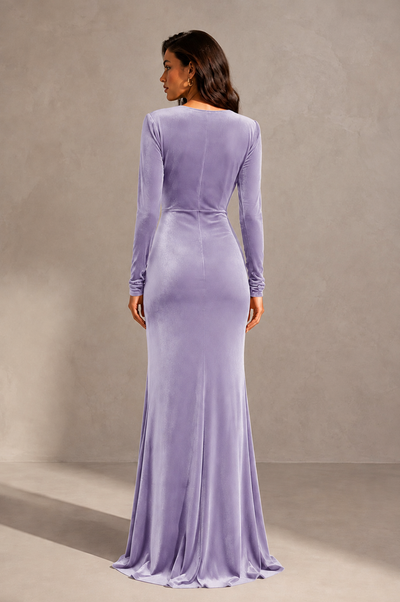 BOLODOO Lilac Velvet Long Sleeve V-Neck Ruched Evening Gown - Lilac