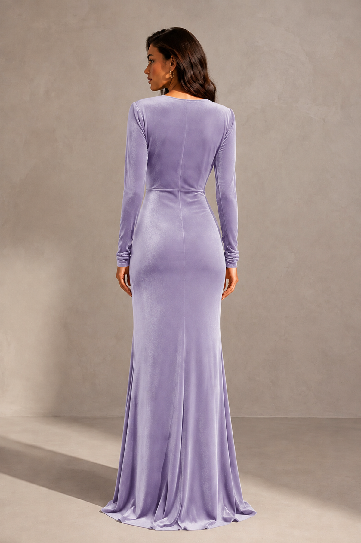 BOLODOO Lilac Velvet Long Sleeve V-Neck Ruched Evening Gown - Lilac