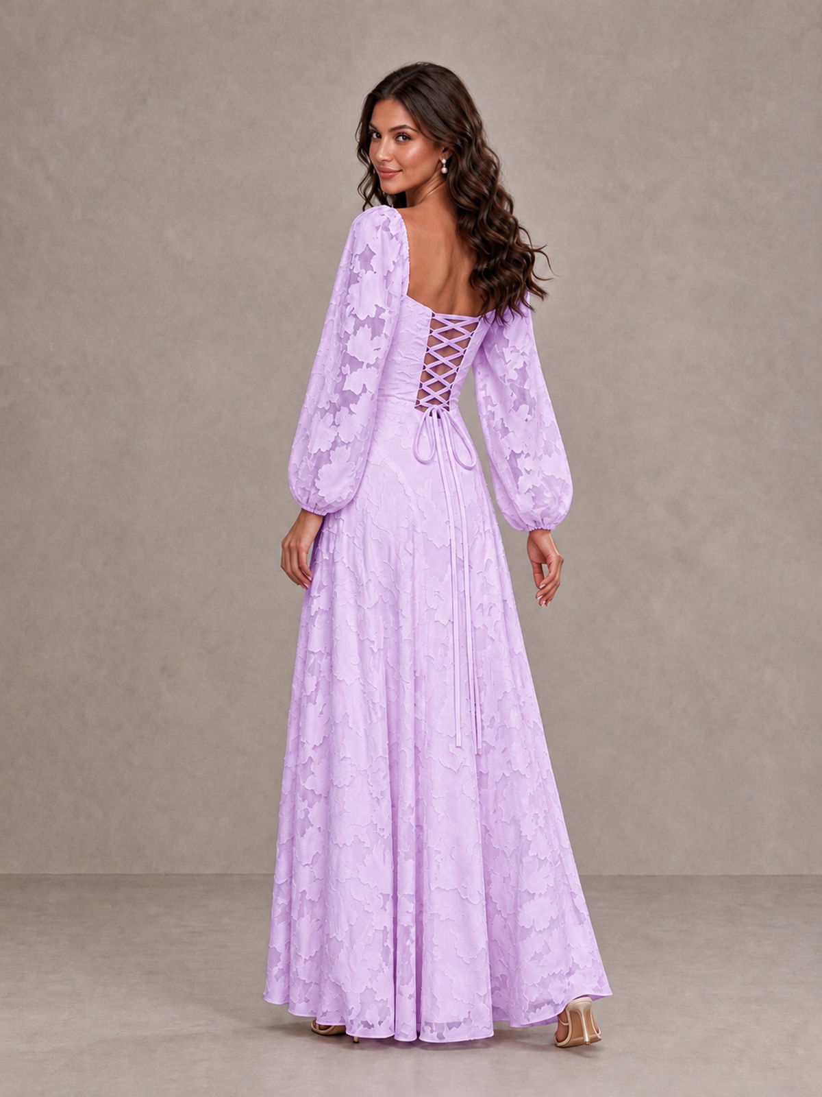 BOLODOO Lilac Floral Long Sleeve A-Line Bridesmaid Dress - Lilac - Lilac_2