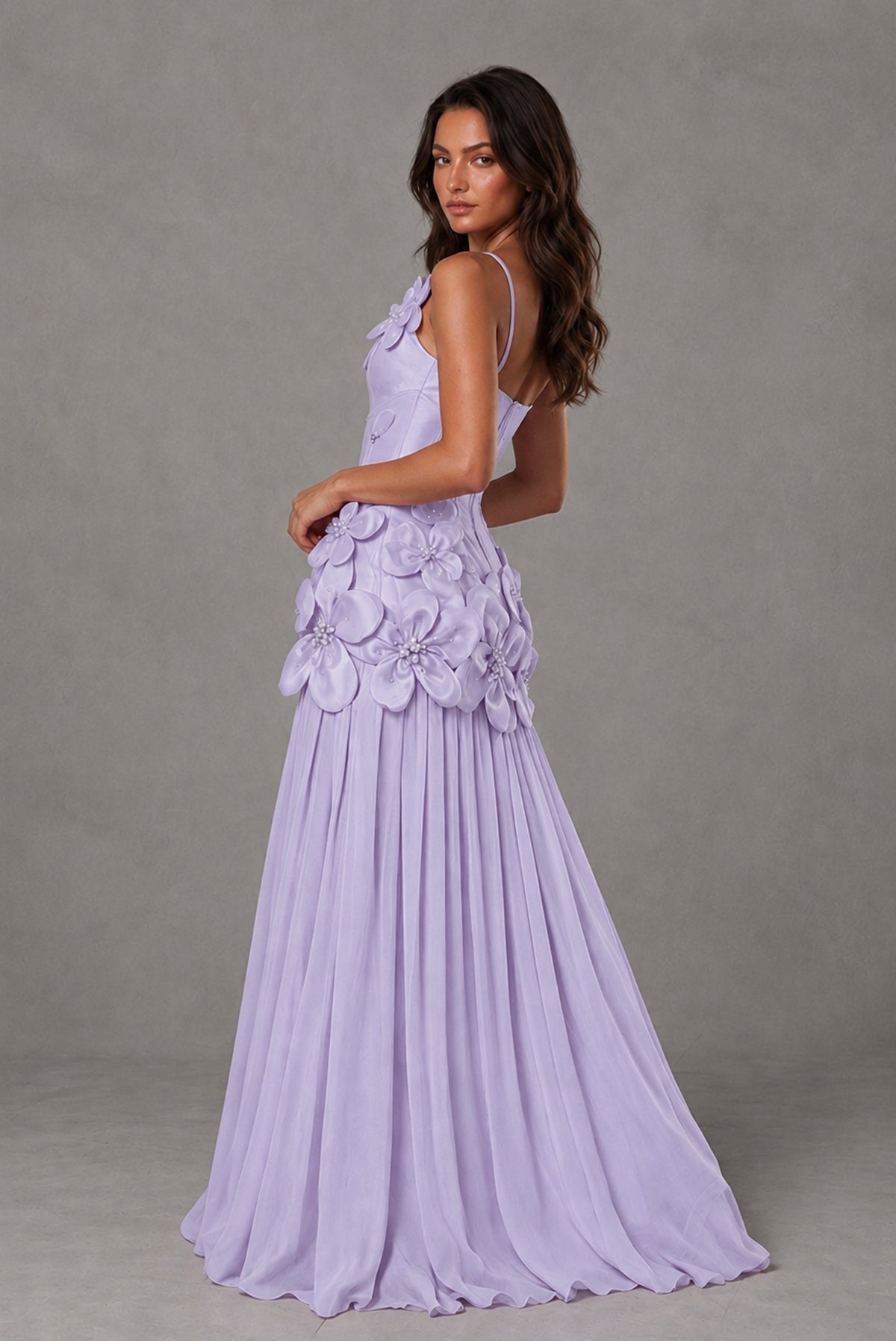 BOLODOO Lilac 3D Floral Appliqué Floor-Length A-Line Evening Gown - Lilac