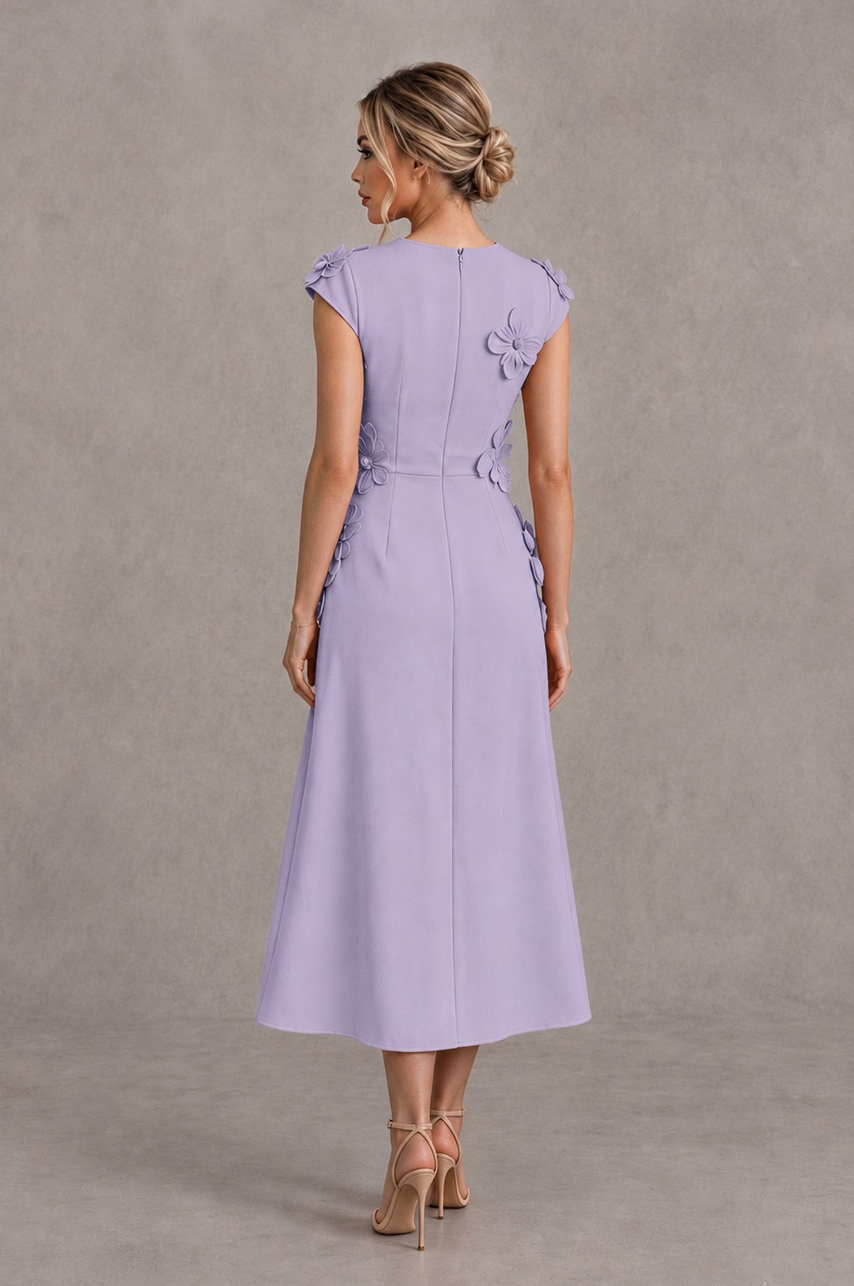 BOLODOO Lilac 3D Floral Cap Sleeve Midi Cocktail Dress - Lilac - Lilac_2