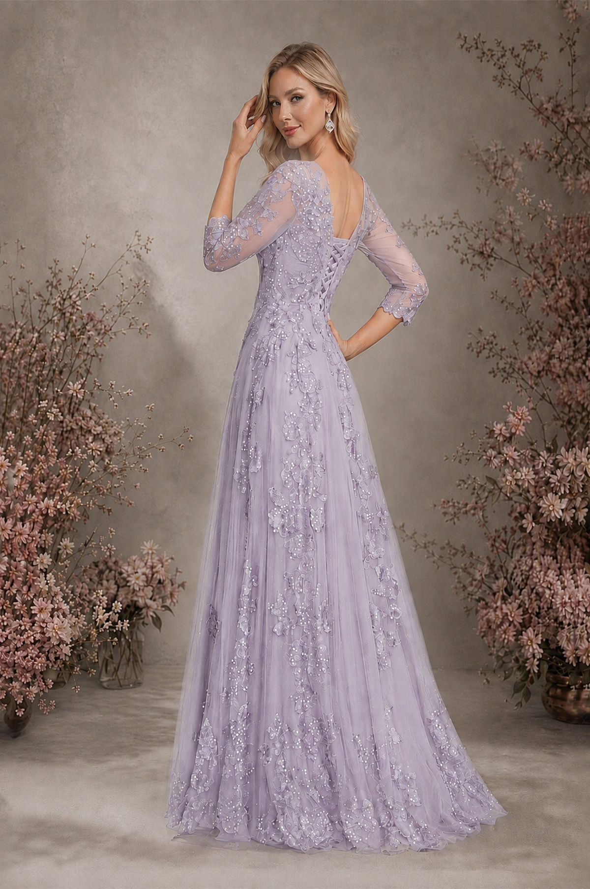 BOLODOO Lilac Sequin Lace 3/4 Sleeve Open Back Formal Evening Gown - Lilac