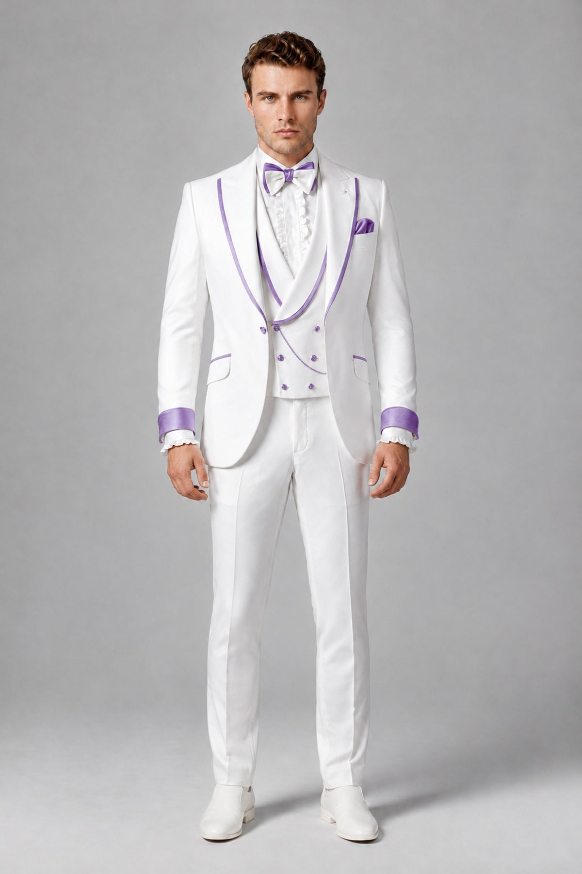 Bolodoo Men's White and Lilac Three-Piece Wedding Tuxedo Suit - Lilac - Lilac_2