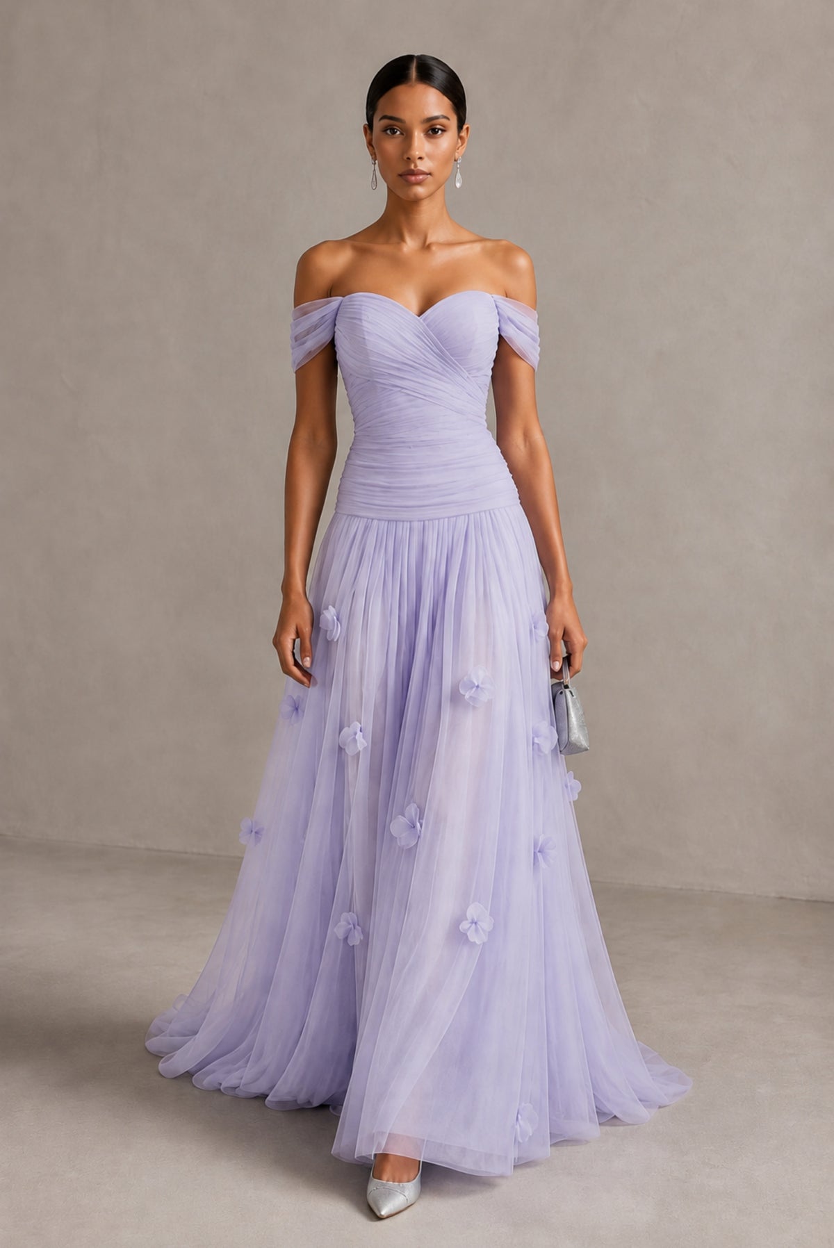 Lilac Off-Shoulder Sweetheart A-Line Tulle Gown with 3D Floral Appliques | BOLODOO - Lilac