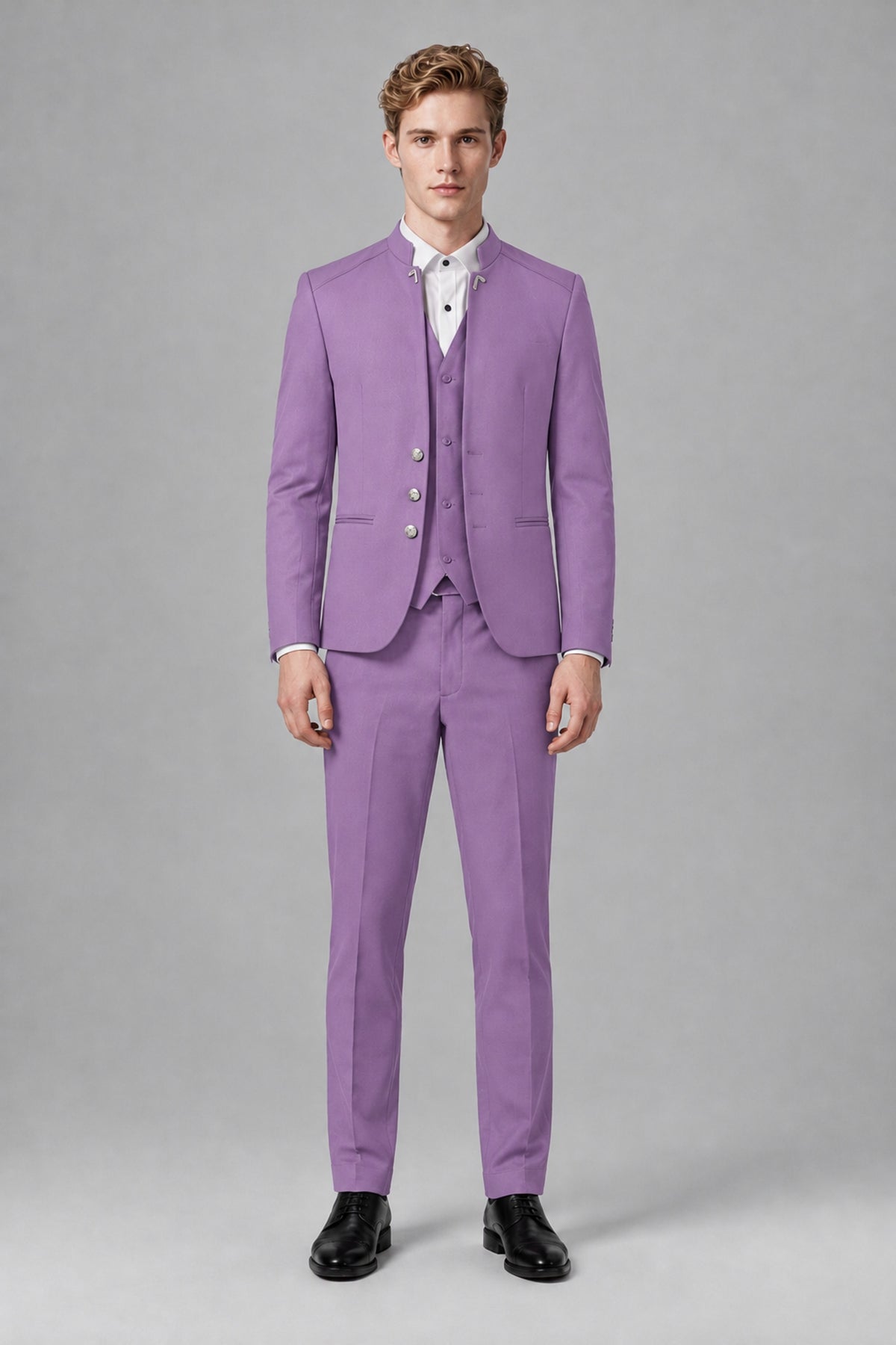 Bolodoo Men's Lilac Mandarin Collar 3-Piece Suit – Jacket, Vest & Trousers - Lilac - Lilac_2