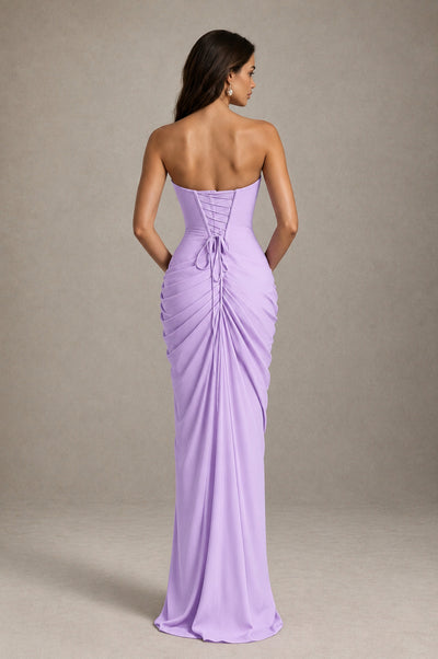 BOLODOO Strapless Draped Maxi Dress - Lilac Backless Evening Gown with High Slit - Lilac - Lilac_2
