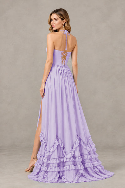 BOLODOO Lilac Halter Ruffle Hem A-Line Bridesmaid Dress with High Slit - Lilac - Lilac(2)