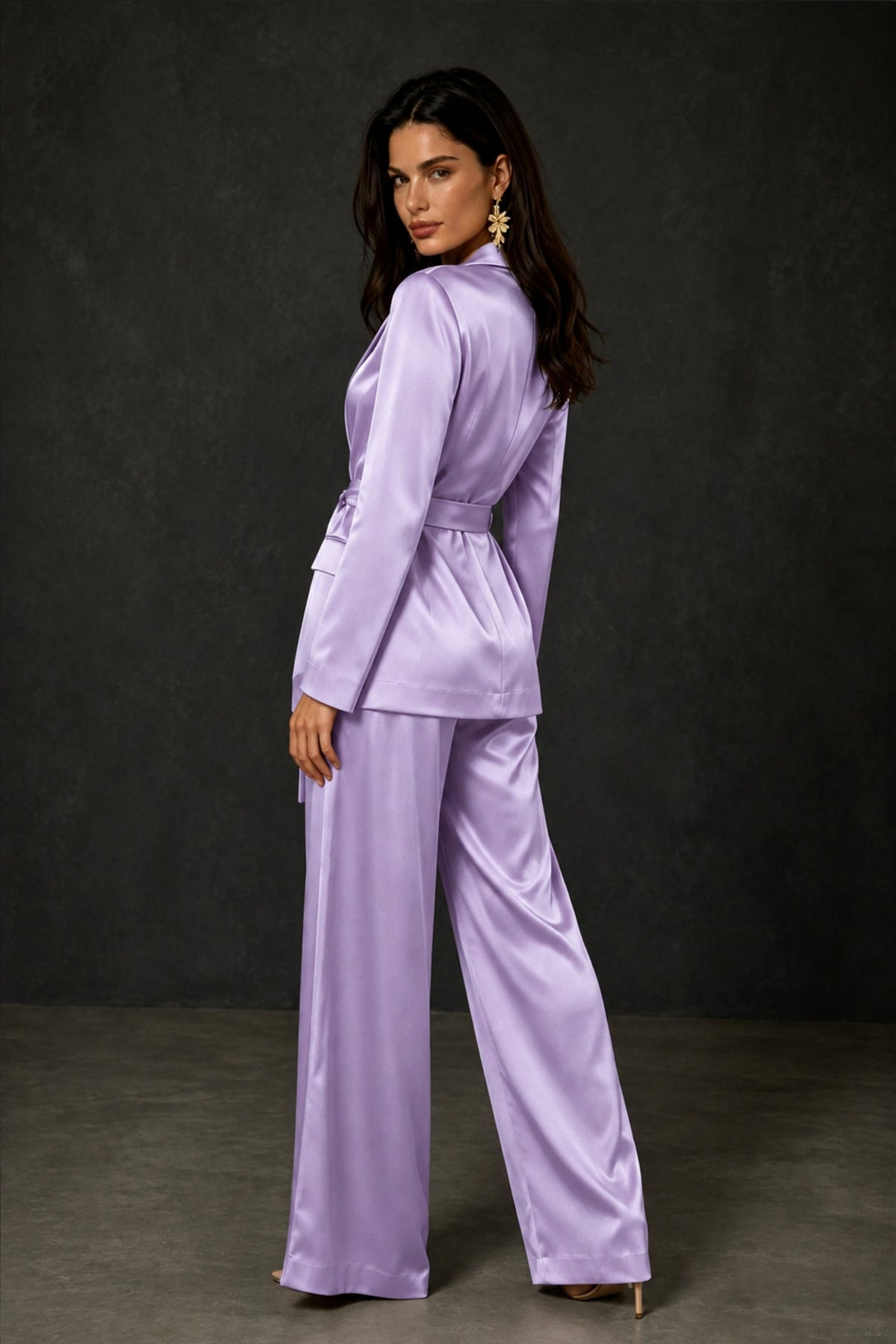 BOLODOO Lilac Satin Wrap Blazer Wide-Leg Pants Two-Piece Suit Set – Evening Gala Wedding Guest - Lilac