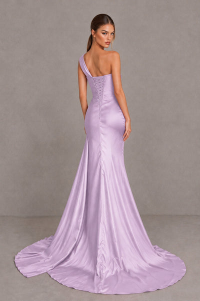 BOLODOO Lilac One Shoulder Satin Mermaid Evening Dress with Ruched Slit Skirt - Lilac - Lilac_2