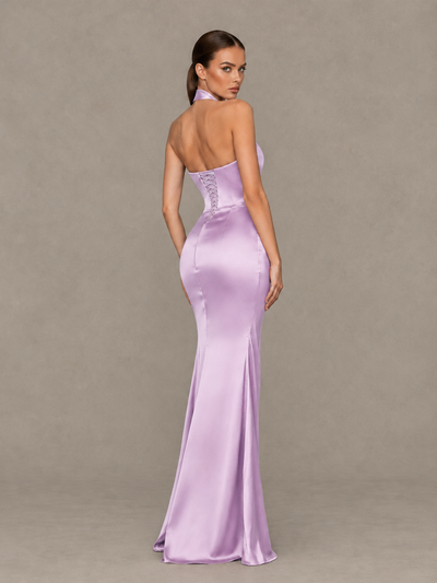 BOLODOO Lilac Cross-Halter Ruched Satin-Look Evening Gown with High Slit - Lilac - Lilac_2
