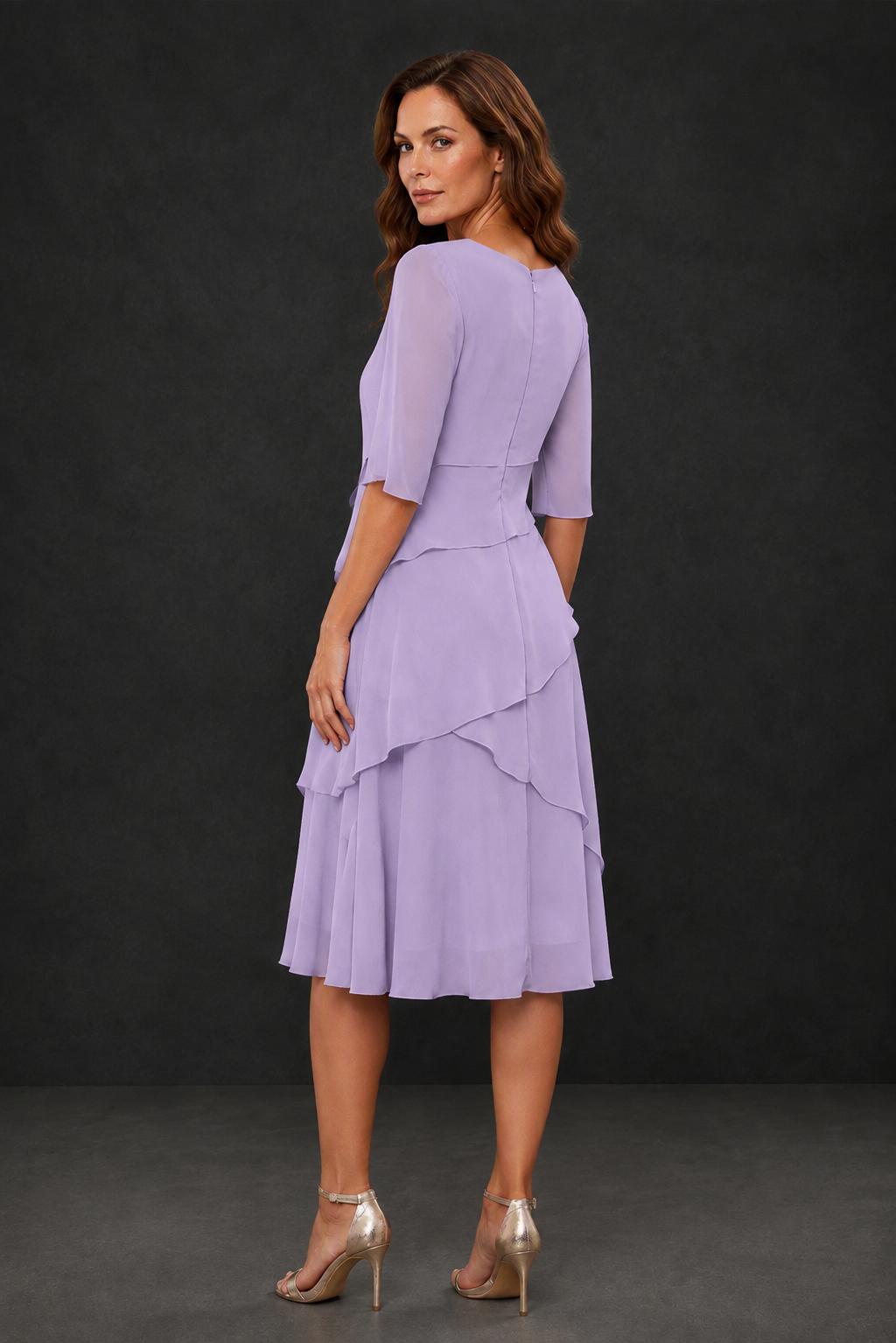 BOLODOO Lilac Chiffon 3/4 Sleeve Asymmetric Tiered Tea Length Dress | Mother of the Bride Midi Dress - Lilac