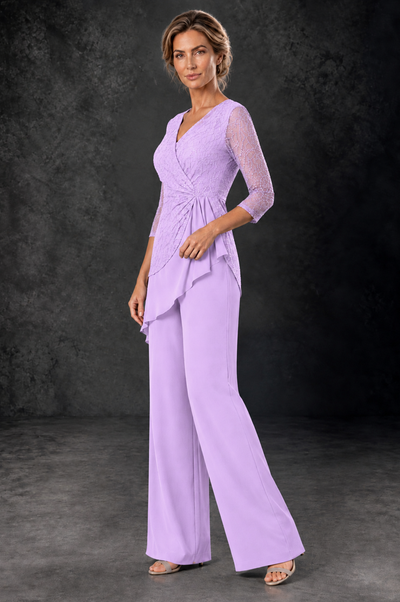 BOLODOO Lilac Sequin Lace 3/4 Sleeve Chiffon Mother of the Bride Pant Suit - Lilac - Lilac_2