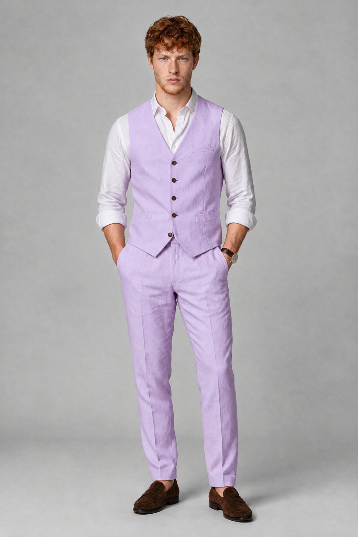 Bolodoo Men's Lilac 2-Piece Vest and Pants Set with V-Neck Waistcoat - Lilac - Lilac_2