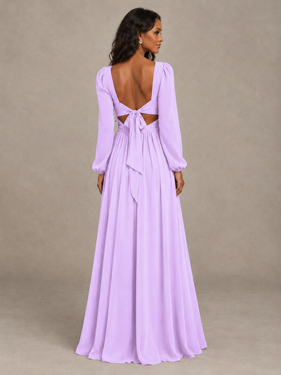 BOLODOO Lilac V-Neck Long Sleeve Bridesmaid Dress with Tie Back and Slit - Lilac - Lilac_2