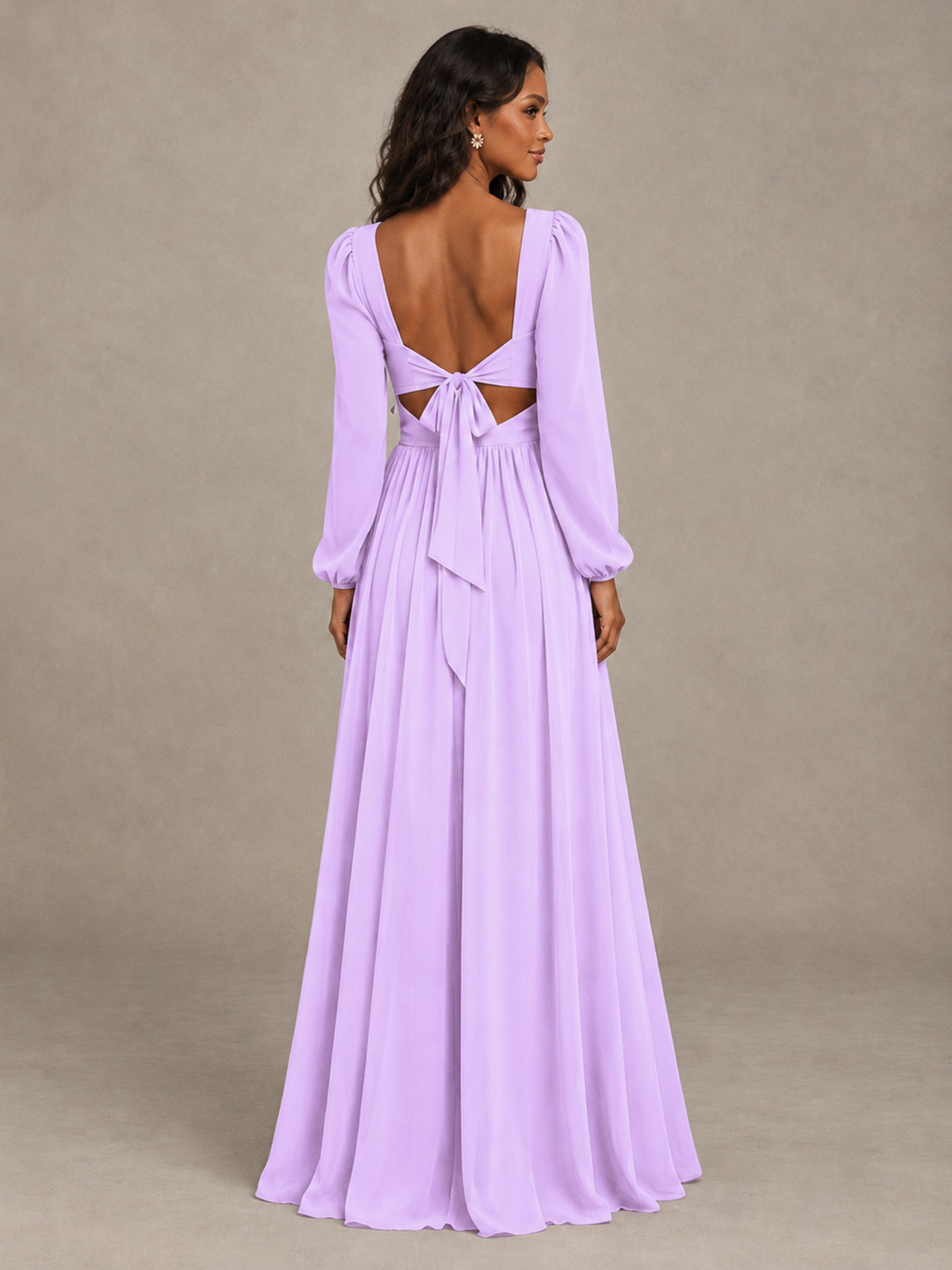 BOLODOO Lilac V-Neck Long Sleeve Bridesmaid Dress with Tie Back and Slit - Lilac - Lilac_2
