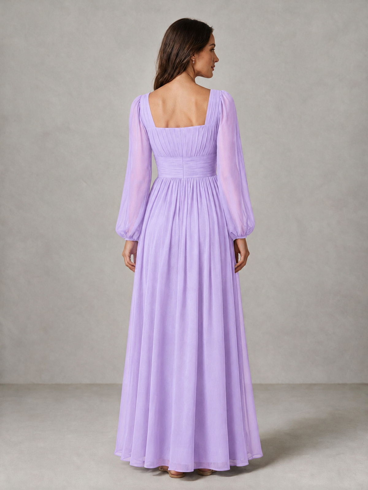 BOLODOO Lilac Square Neck Long Sleeve Chiffon Bridesmaid Dress - Lilac - Lilac_2